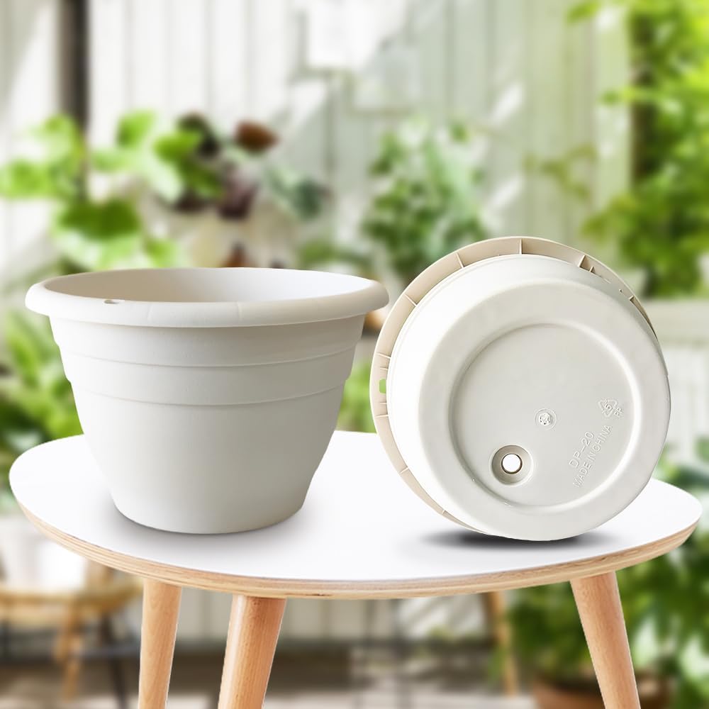 Plant Pots Set of 5, 10" Outside Diameter Flower Pots, 8.5" Inner Diameter Plant Planters with Drainage Hole, Durable Garden Pots Perfect for Indoor & Outdoor Plant Planting, Decor, White