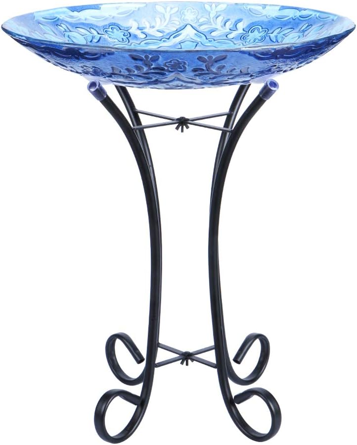 MUMTOP Outdoor Glass Birdbath with Metal Stand for Lawn Yard Garden Decor,18” Dia/21.65 Height