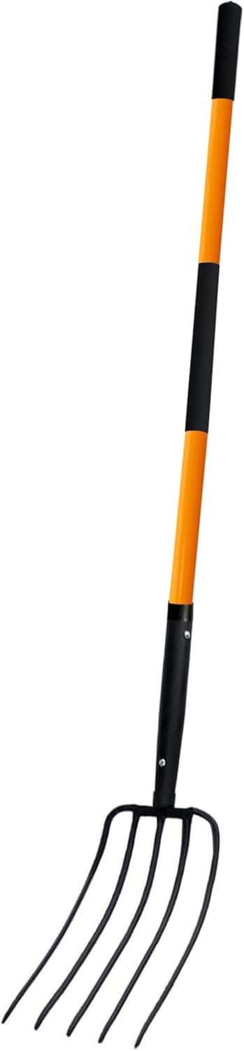 Pitch Fork-58 Inch,5-Tine Steel Garden Fork Heavy Duty, Mulch with Cushion Grip, Orange Fiberglass Handle