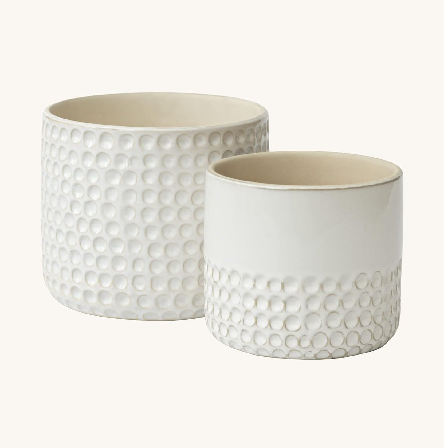 La Jolie Muse Ceramic Planter Flower Plant Pots- 6.7+5.5 Inch Concave Dot Patterned Cylinder Flower Pot W/ Drain Hole for Indoor, Set of 2, Ivory