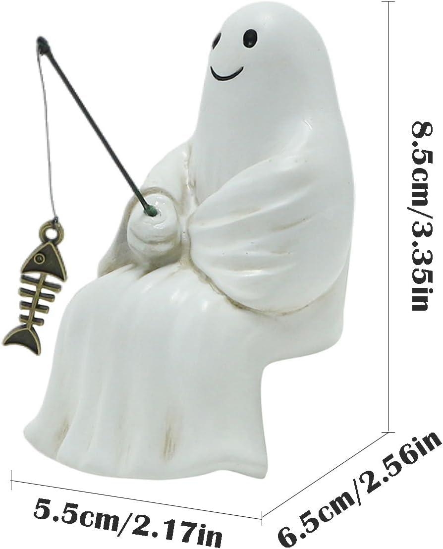 Fishing Ghost Statue Funny Halloween Decorations, 3.35 Inch Cute Sitting Ghost Figurine Shelf Sitter Resin Sculpture for Outdoor Garden Yard Lawn Pond Waterfalls Pool Ornaments