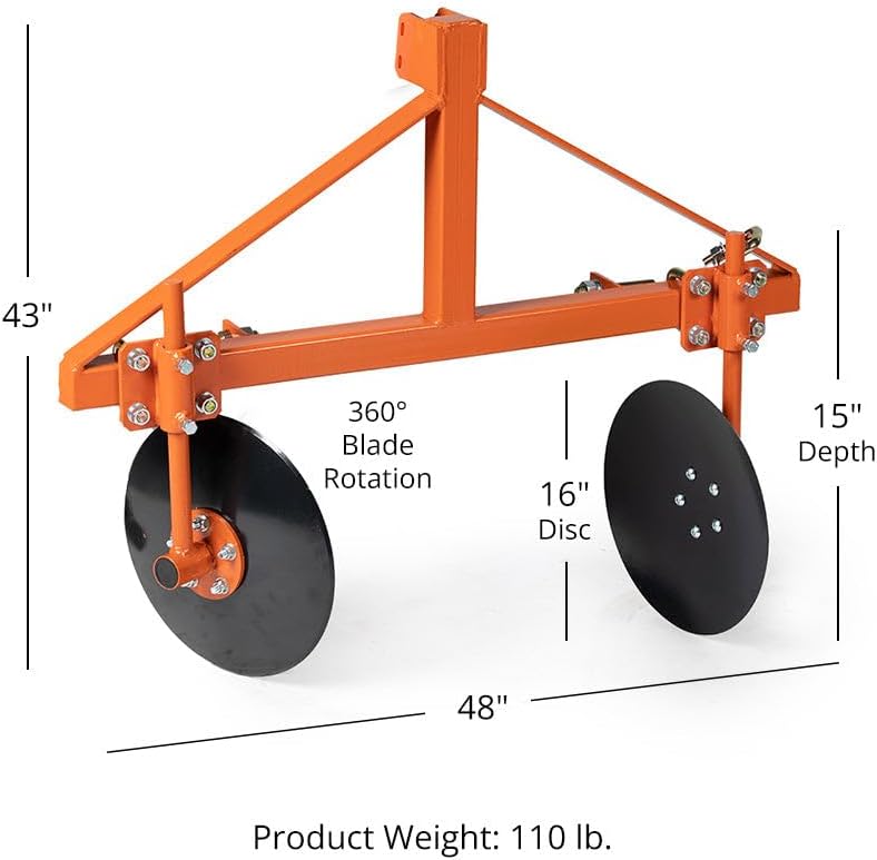 Titan Attachments 3 Point 48" Adjustable Disc Bedder Fits Cat 1 Tractors, Quick Hitch Compatible, Cultivator Garden Bedder and Hiller Attachment, 16" Disc Blades for Outdoor Field Work