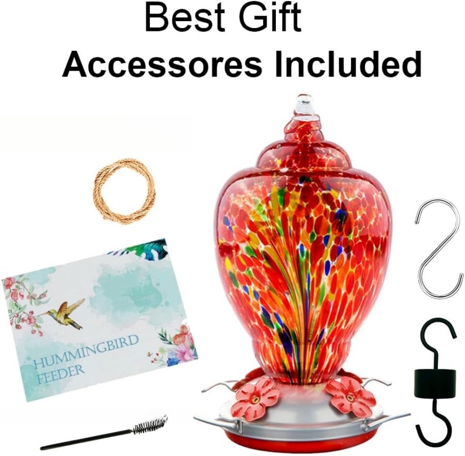 WOSIBO Hummingbird Feeder for Outdoors Patio Large 32 Ounces Colorful Hand Blown Glass Hummingbird Feeder with Ant Moat Hanging Hook, Rope, Brush and Service Card (RED-Firework)