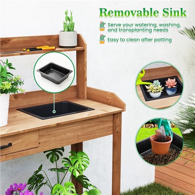 ARNOT Potting Bench,Outdoor Potting Bench Table with Sink and Storage Shelves, Wooden Garden Workstation for Gardening Tools, Planting, and Repotting – Natural Fir Wood (38" x 17" x 50")