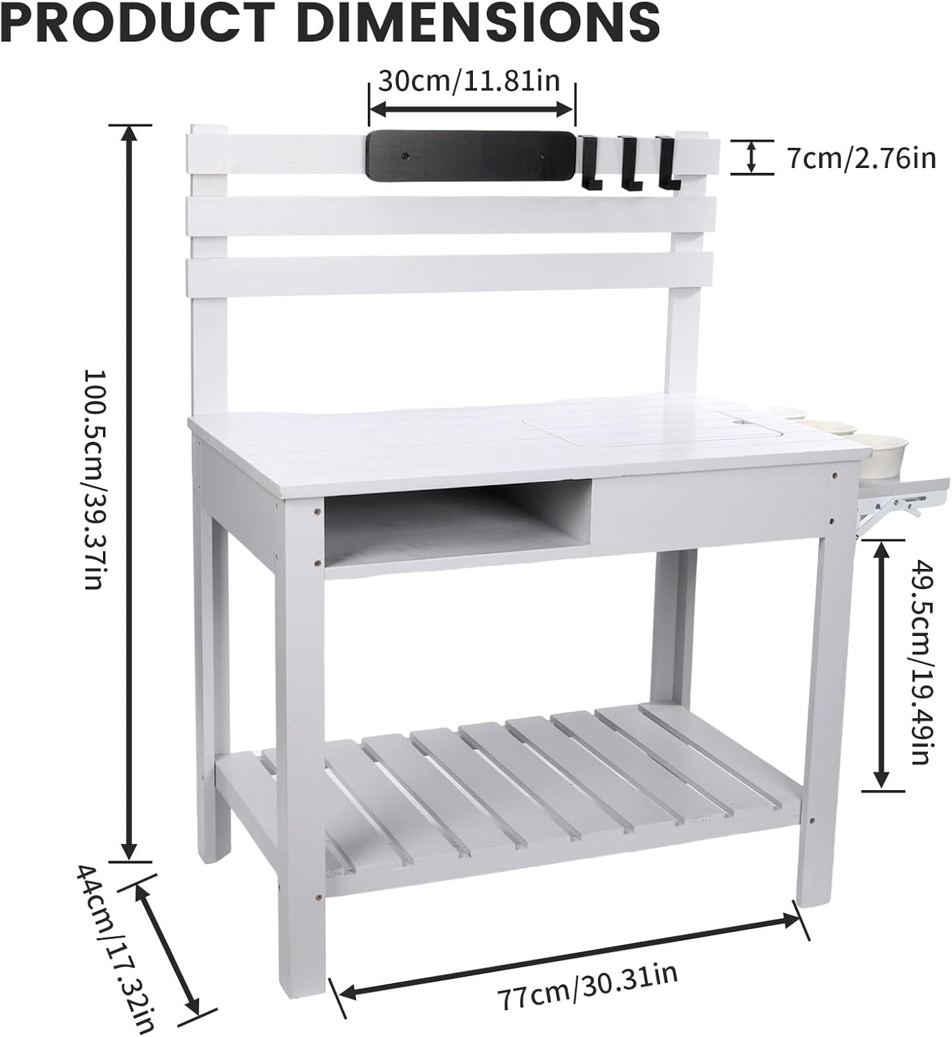 Potting Bench Outdoor Potting Table—All-Weather Kids Solid Wood Garden Work Station with Sink、Hooks、3Flower Pots, Weather Proof(White Grey, Large)