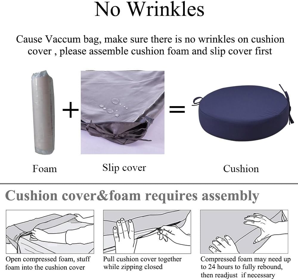 15 x 15 Inch Round Cushions for Outdoor Furniture Non-Slip Waterproof Patio Bistro Chair Cushion with Ties Bar Stool Seat Cushion for Kitchen Chairs Set of 2, Navy Blue