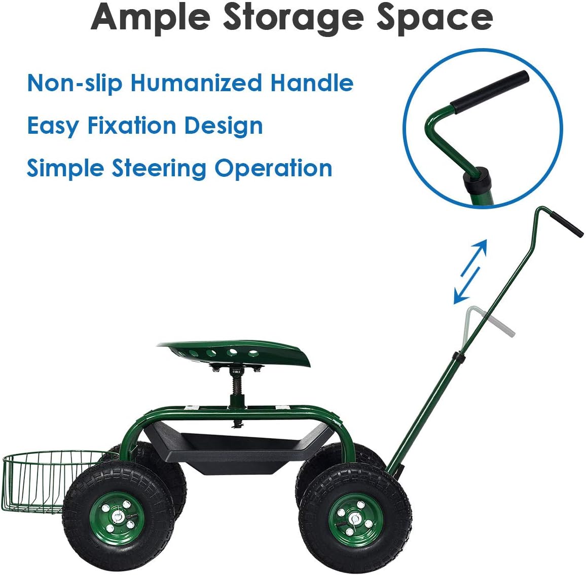 Goplus Rolling Garden Seat with Wheels, Outdoor Gardening Scooter with 360° Swivel Seat, Tool Tray & Basket, Adjustable Steering Handle for Lawn, Gardening Stool, Garden Cart for Planting
