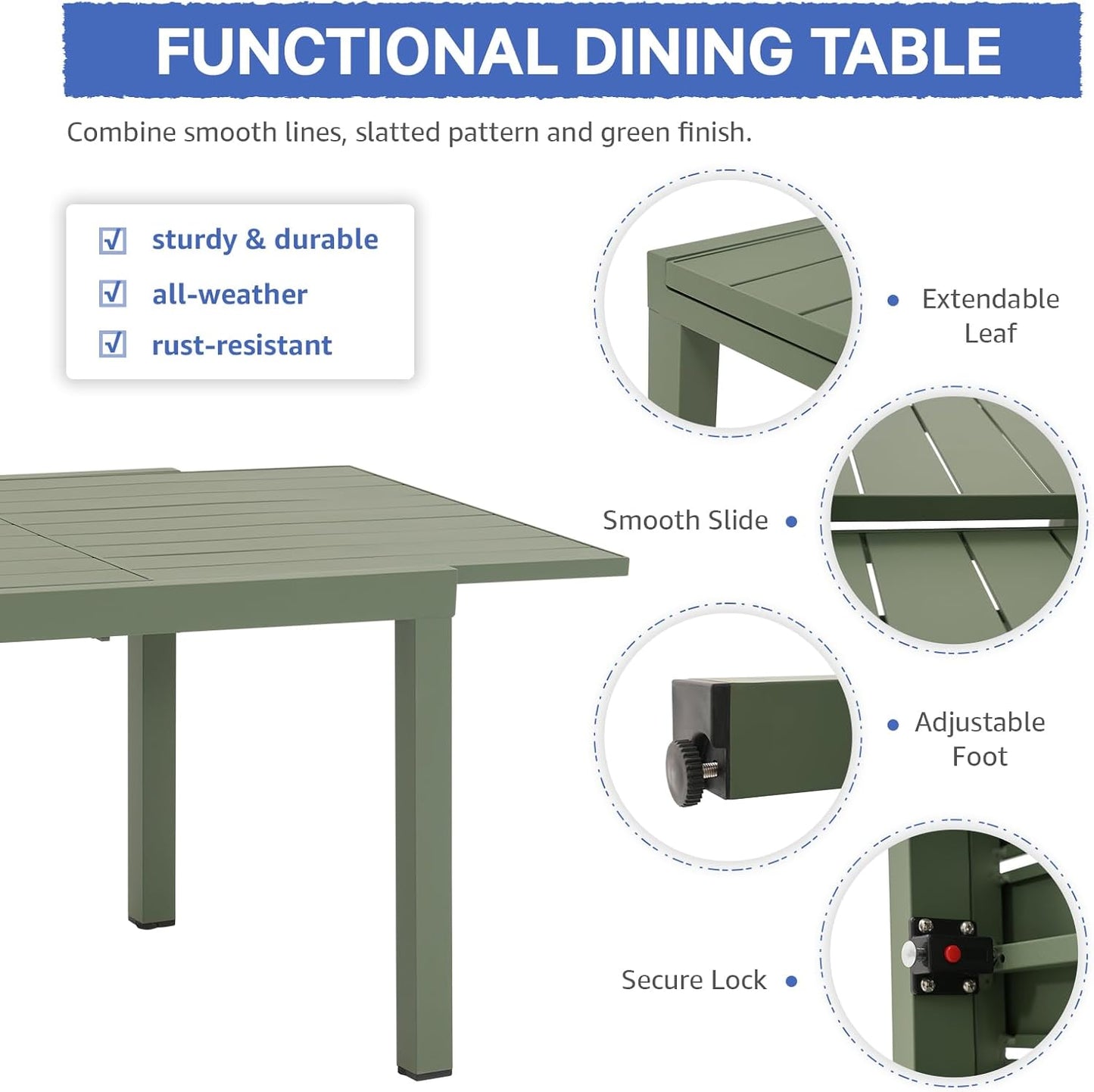 Soleil Jardin Aluminum Patio Extendable Dining Table, 59" - 83", Adjustable Indoor Outdoor Furniture Rectangle Table for 6-8 Person Porch Deck Garden, Green