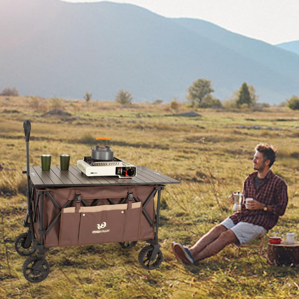 Whitsunday Folding Collapsible Utility Wagon, Heavy Duty Outdoor Park Beach Wagon with Table and Side Pocket for Camping Sports Shopping Brown