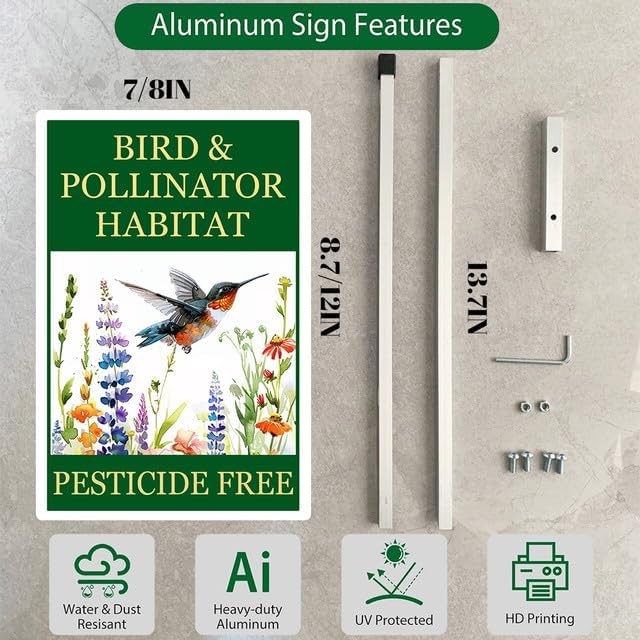 Bird and Pollinator Habitat Pesticide Free Yard Sign With Stakes 8X12 inches Rustproof Reflective Aluminum Pollinator Friendly Garden Sign Stand Hummingbird Outdoor Decor