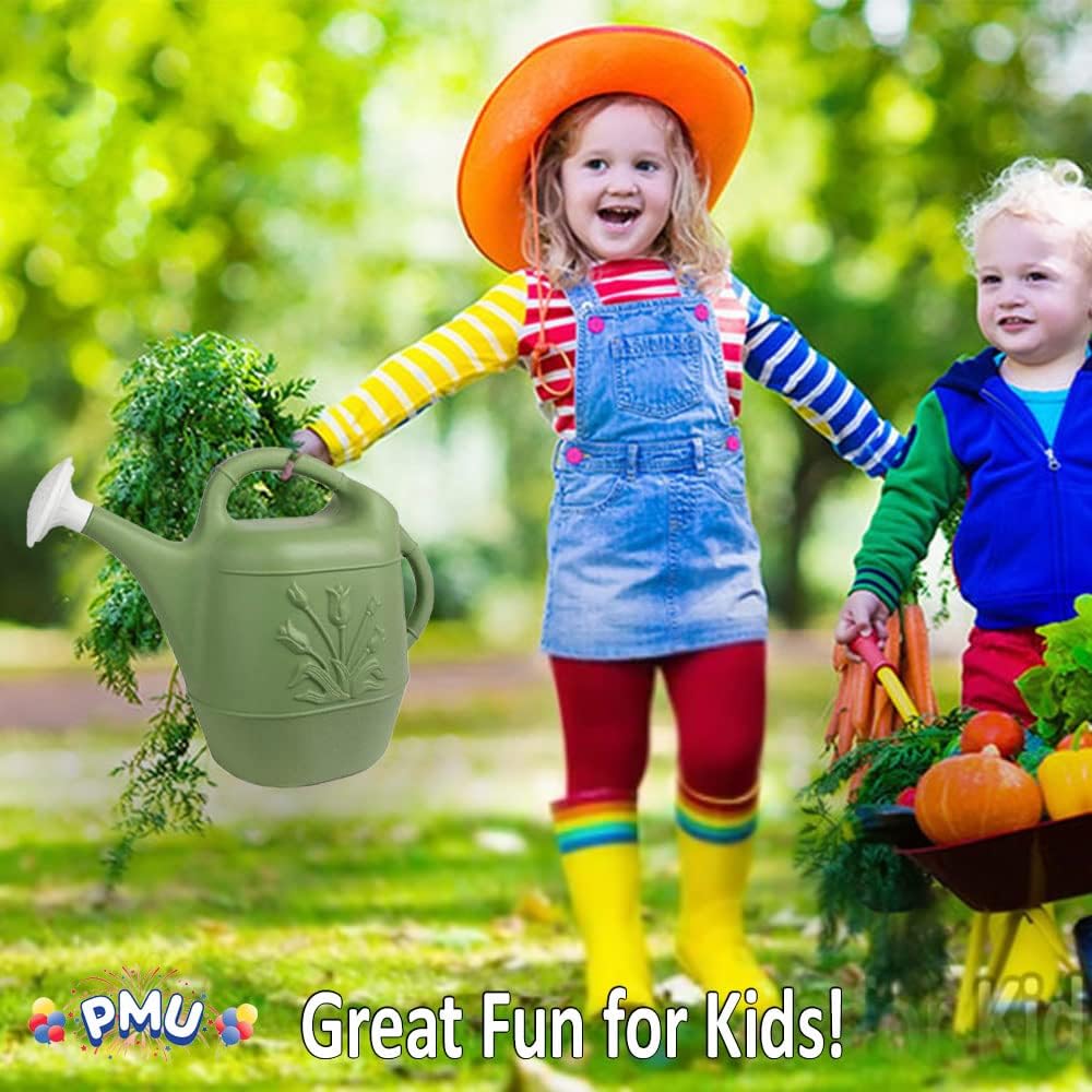 PMU 2 Gallon Watering Can - Garden Watering Can for Indoor & Outdoor Plants - Plastic Water Can with Detachable Sprinkler Head - Large Water Pot, Made in USA - Sage Green Pkg/3