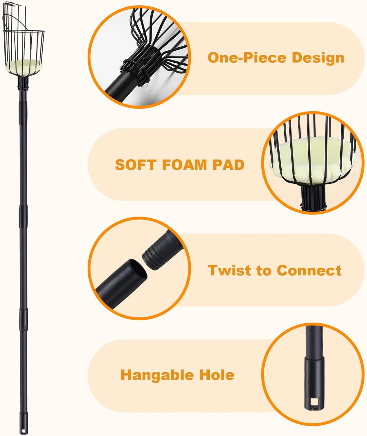 Fruit Picker Pole with Basket, 10.7FT (130 Inch) Adjustable Fruits Picker Tool with Stainless Steel Handle Fruit Grabber Reach Tool for Apple Mango Pear Avocados Fruit Picking, Black