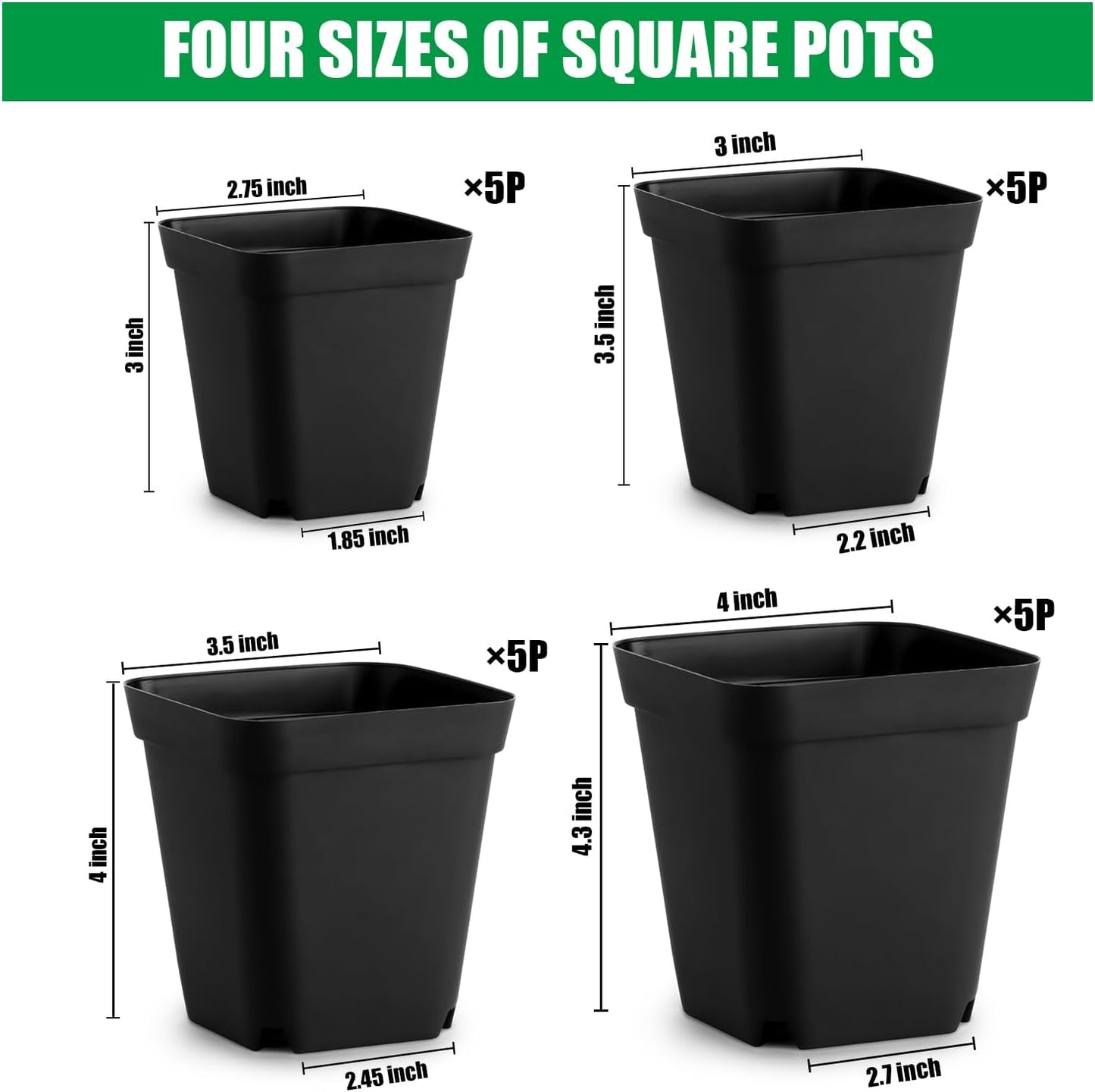 Square Nursery Pots Clearance (2.7", 3", 3.5", 4") with Drainage Holes 20 Pcs, Plastic Seed Starting Pots, Sturdy and Durable Seedling Pots for Planting, Cuttings and Transplanting, Black