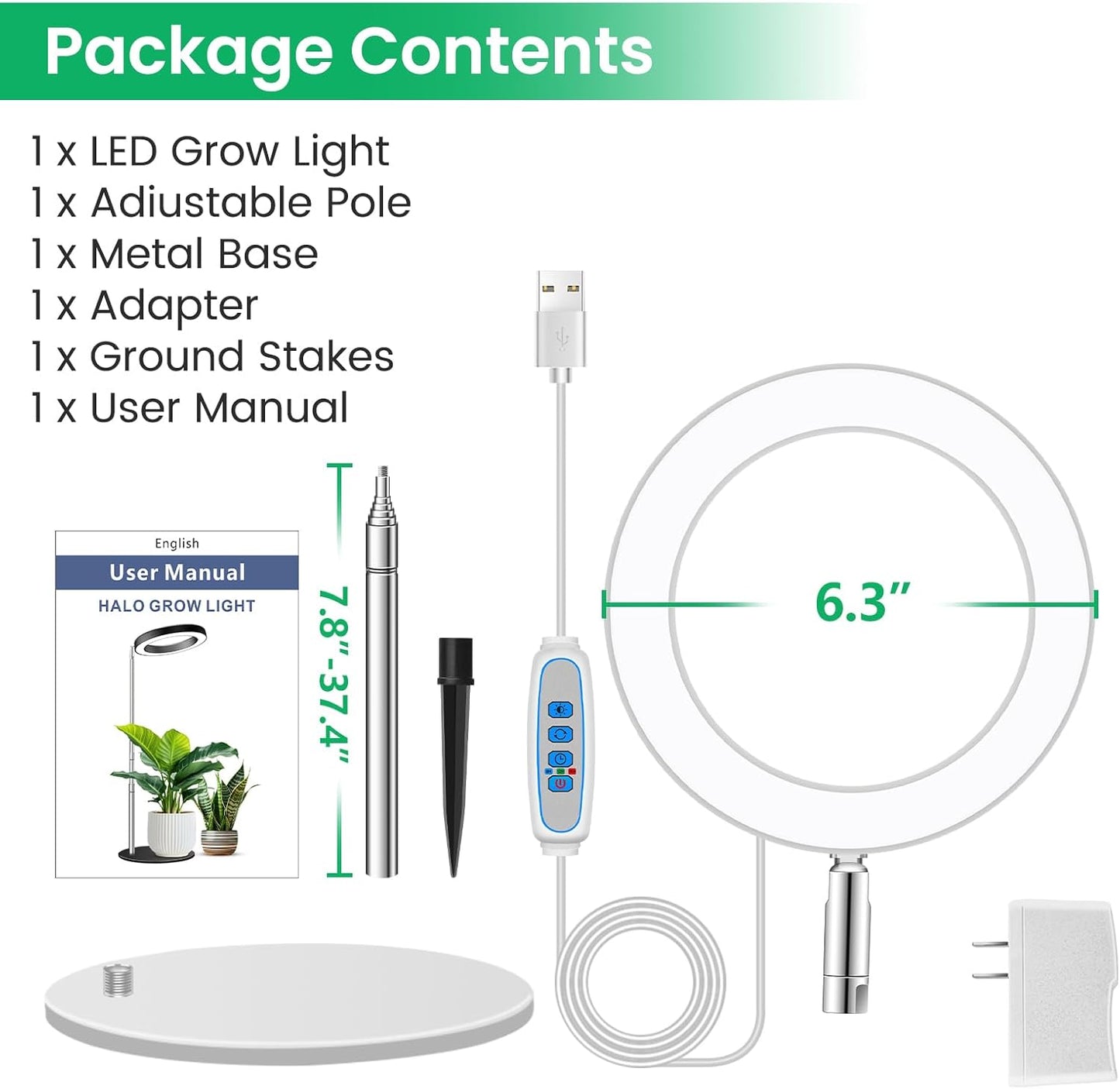 Grow Lights for Indoor Plants, Full Spectrum Plant Lights for Indoor Growing, 9.8"-37.4" Height Adjustable Desk Grow Lamp with Auto Timer 6/12/16Hrs, 3 Optional Spectrums, 5 Brightness,1 Pack