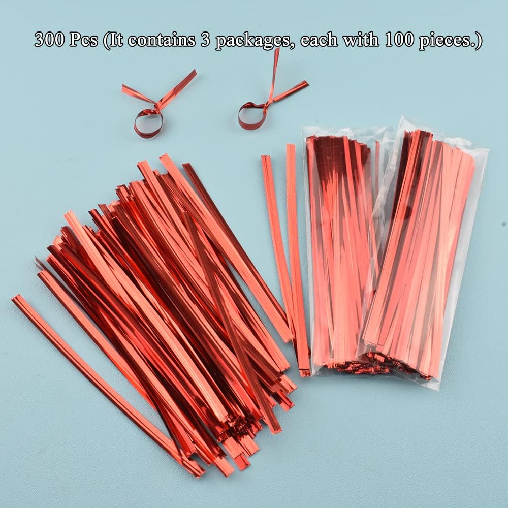 HAHIYO 300Pcs 4 Inches Red Metal Twist Ties for Bread, Candy, Coffee, Plant Garden, Cellophane Treat Bags, Gift Wrapping, Plastic Bags, Halloween Party, Cake Present, Art Crafts