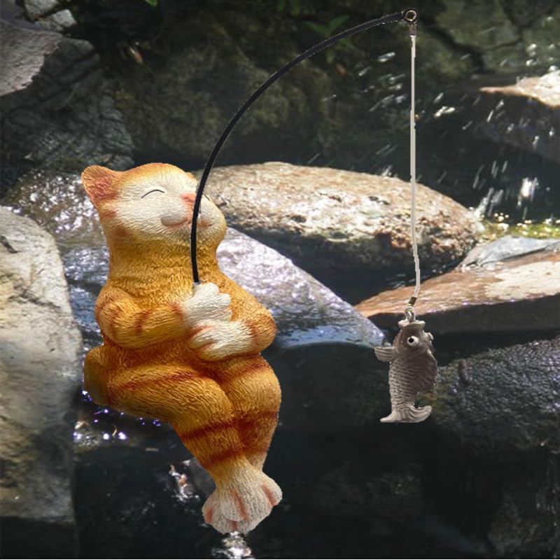 Cat Fishing Statue Garden Decor – 9.8" Weatherproof Resin Cat Fishing Sculpture Decor for Fish Ponds, Koi Ponds, Waterfalls, Poolside & Outdoor Gardens– Resin Figurine for Indoor & Outdoor Décor