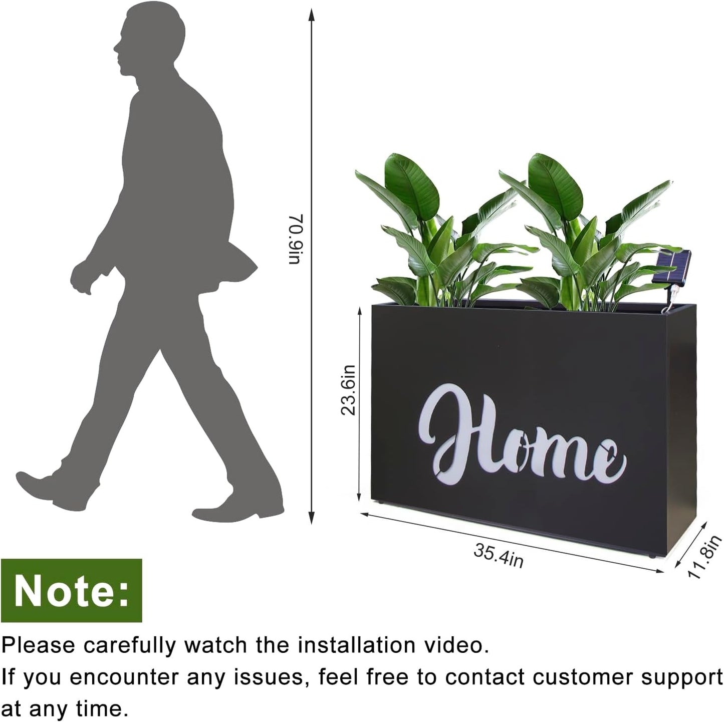 Metal LED Planter Box Rectangular Block - Galvanized Steel Long Planters Box with Solar Light Outdoor All-Weather Use with Drainage Holes for Cafe Bar Mall Patio/Porch/Entrance, 35.5×24×12IN(Home)