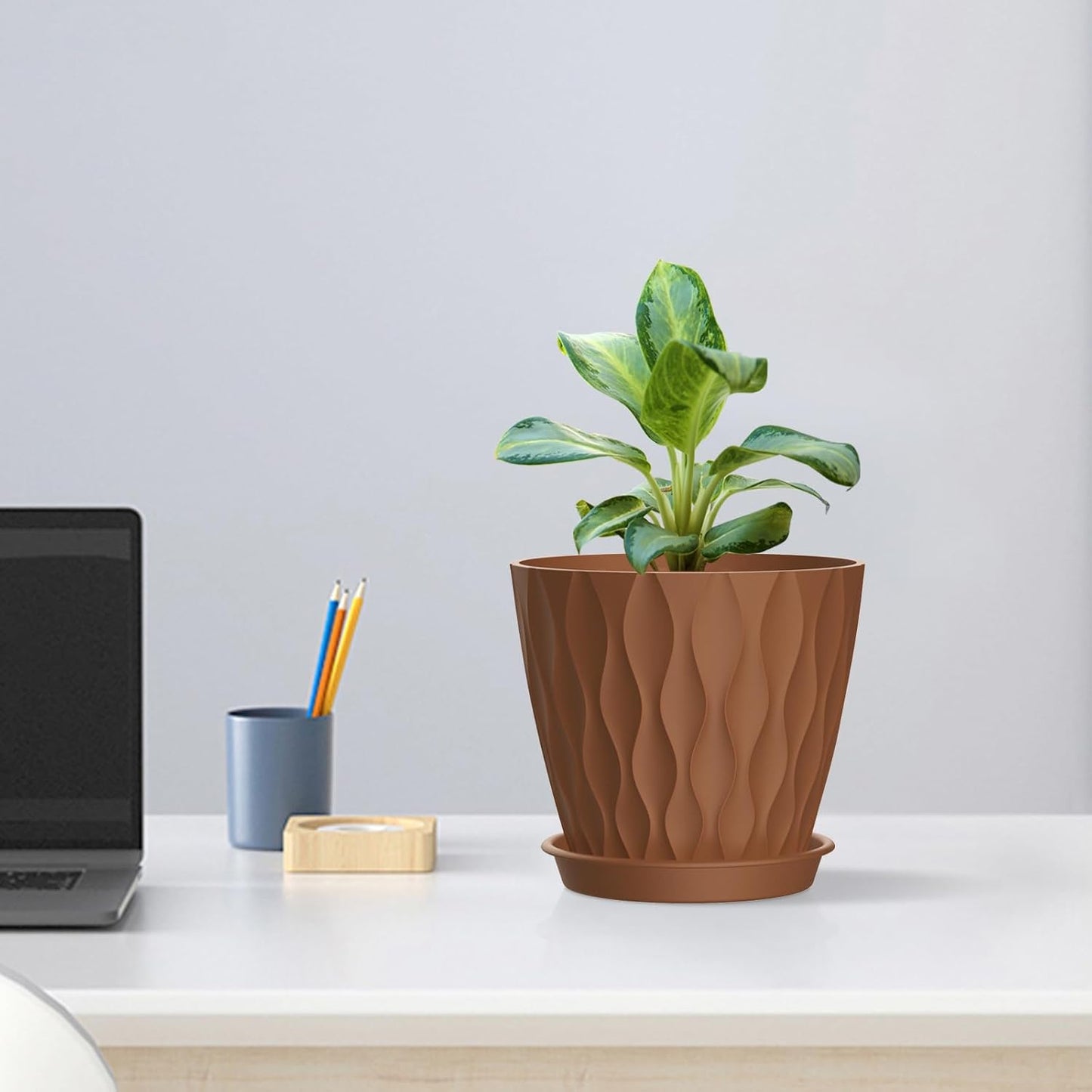 4 inch Small Plastic Nursery Pots, Seedling Pots, 5 Set Water Ripples Plant Pots for Indoor Plants, Flower Pots with Drainage Holes and Saucers, Seed Starter Pots for Succulent, Colorful