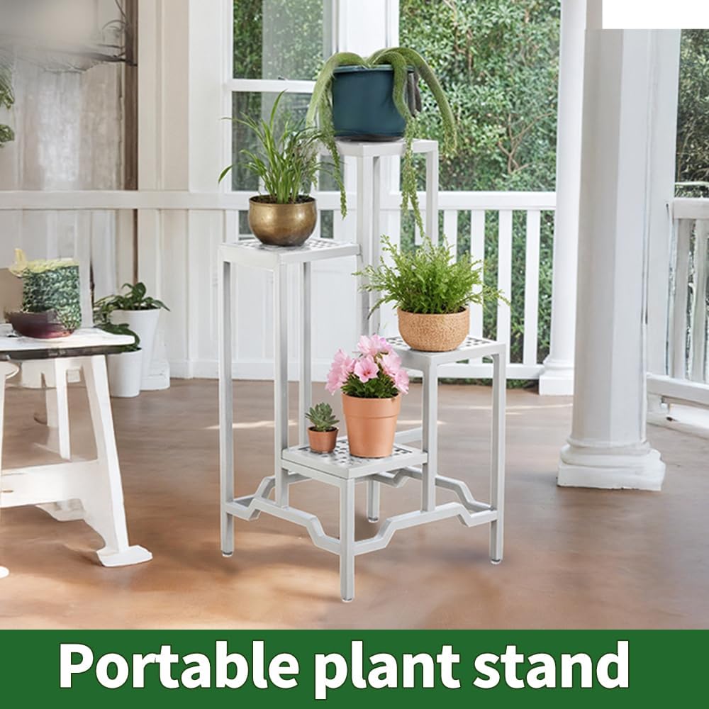 Plant Stand - Aluminum Indoor/Outdoor Flower Rack, Waterproof & Rust-Proof, Stable Support for Pots, Perfect for Living Room, Balcony, Garden, and Office (White, 4 Tier)