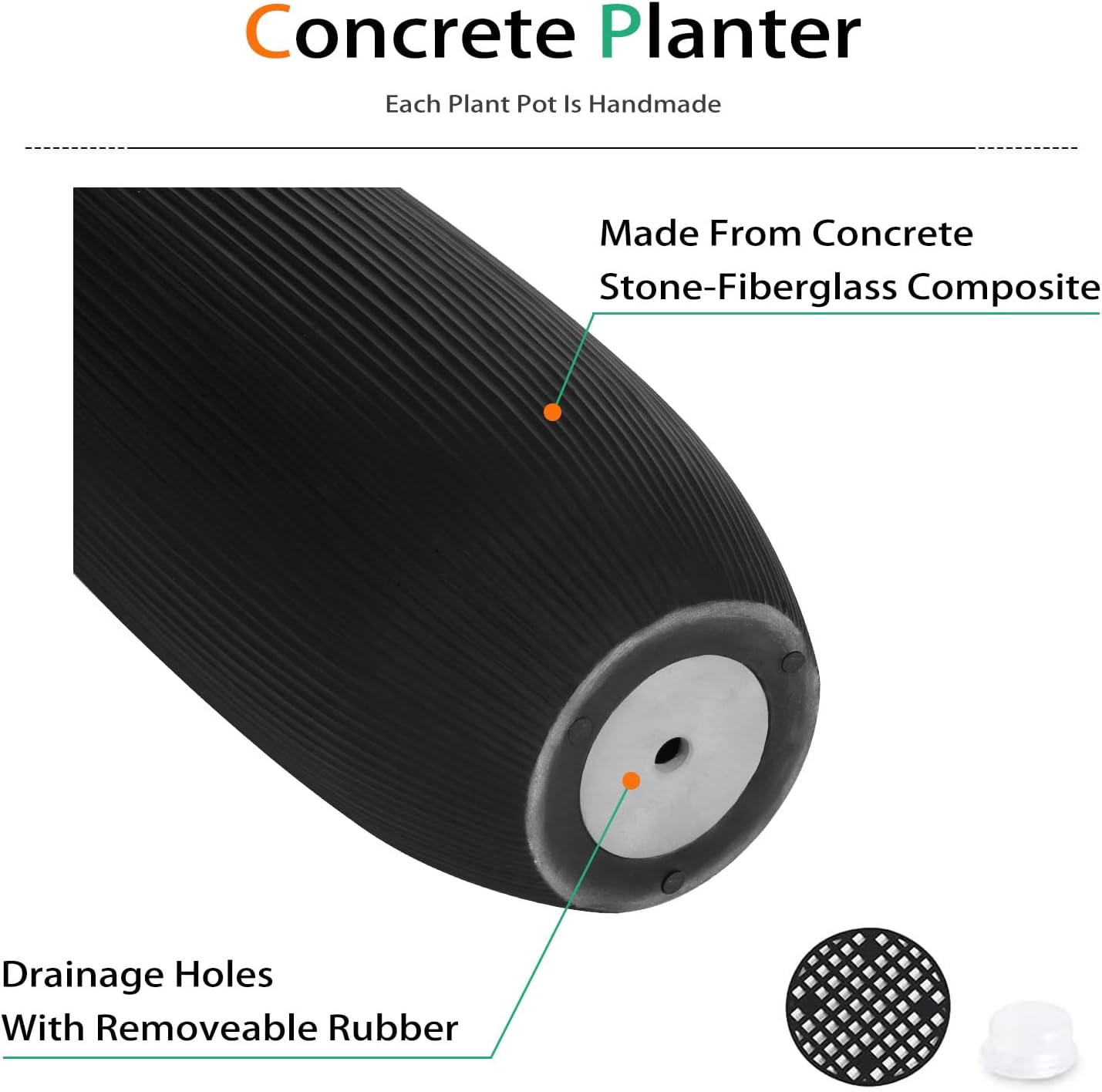 Tall Planters for Outdoor Plants, Large Concrete Flower Pots for Garden Front Porch, Patio, Indoor (Vertical Black, 24 inch)