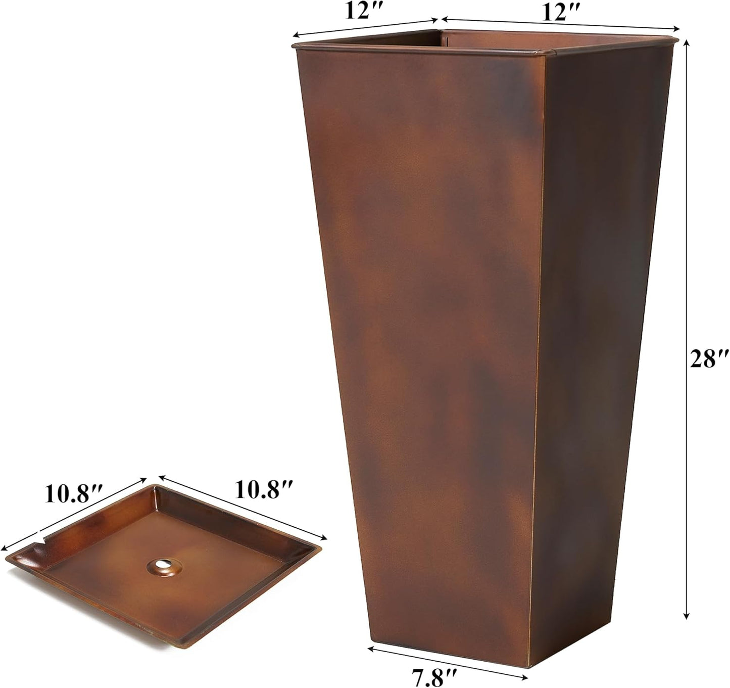 Worth Garden 12" Dia x 28" H Large Metal Planter Set of 2, Matte Bronze Retro Finish Tall Square Tapered Steel Plant Pots, Decor Flower Pots Indoor & Outdoor, Drainage Hole & Dual-Purpose Plant Saucer