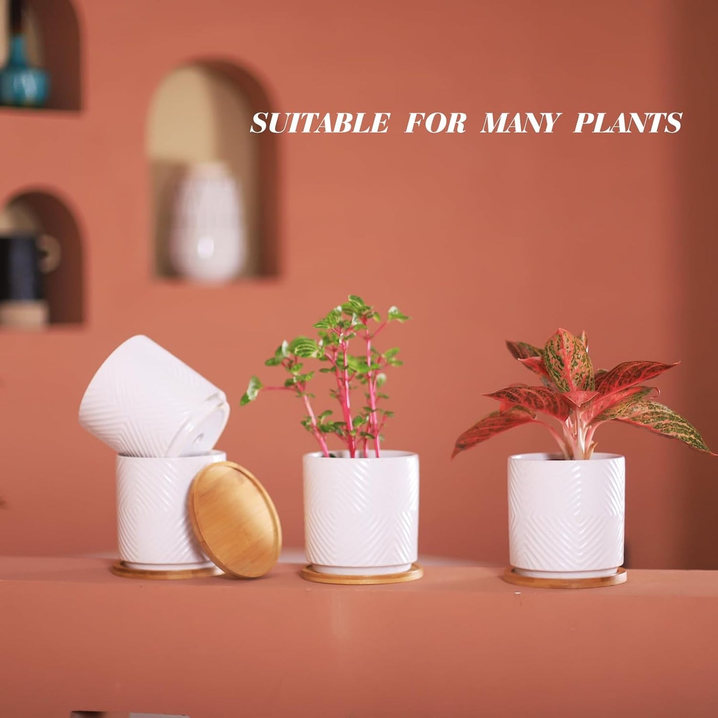 5.25 Inch Ceramic Planter Pot for Indoor Plants with Drainage Holes, Geometry Design White Flower Planter Pots with Bamboo Saucer, for Succulent, Snake Plants, Cactus & Herbs, Set of 4