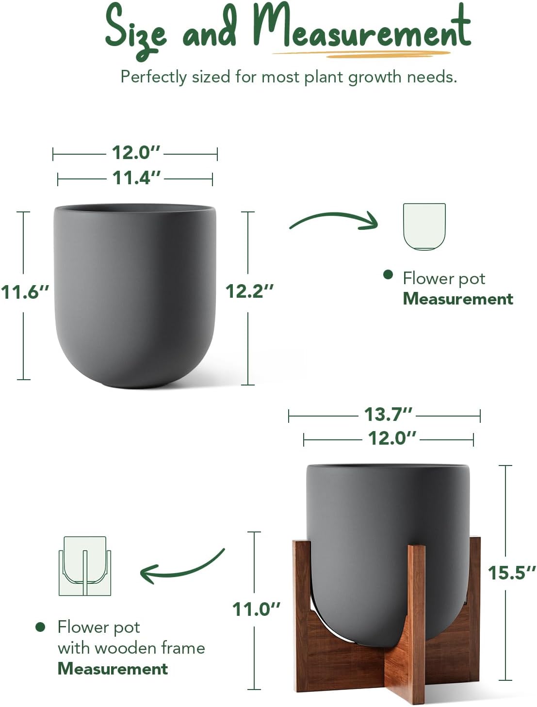 LE TAUCI 12 Inch Planter with Acacia Wood Stand, Ceramic Large Plant Pot for Indoor Plants, Cylinder Pots with Drainage Hole and Plug, Charcoal Gray