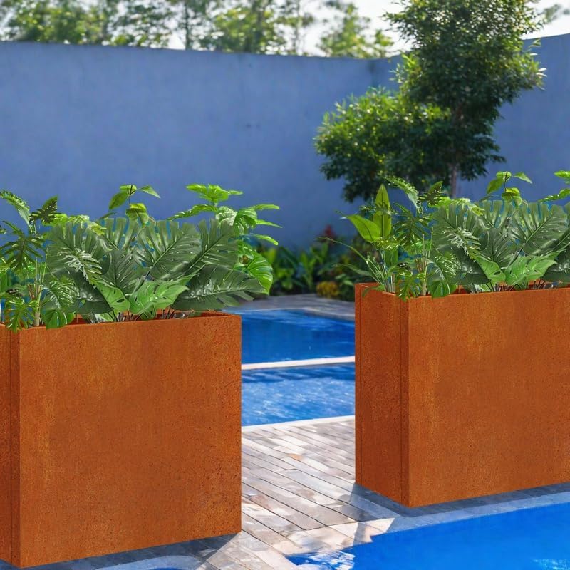 Metal Tall Long Planter Box Large Rectangular Planter Flower Pot with Drainage Holes for Indoor Outdoor Deck Porch Garden Home Patio Front Door (Rusty Orange, M)