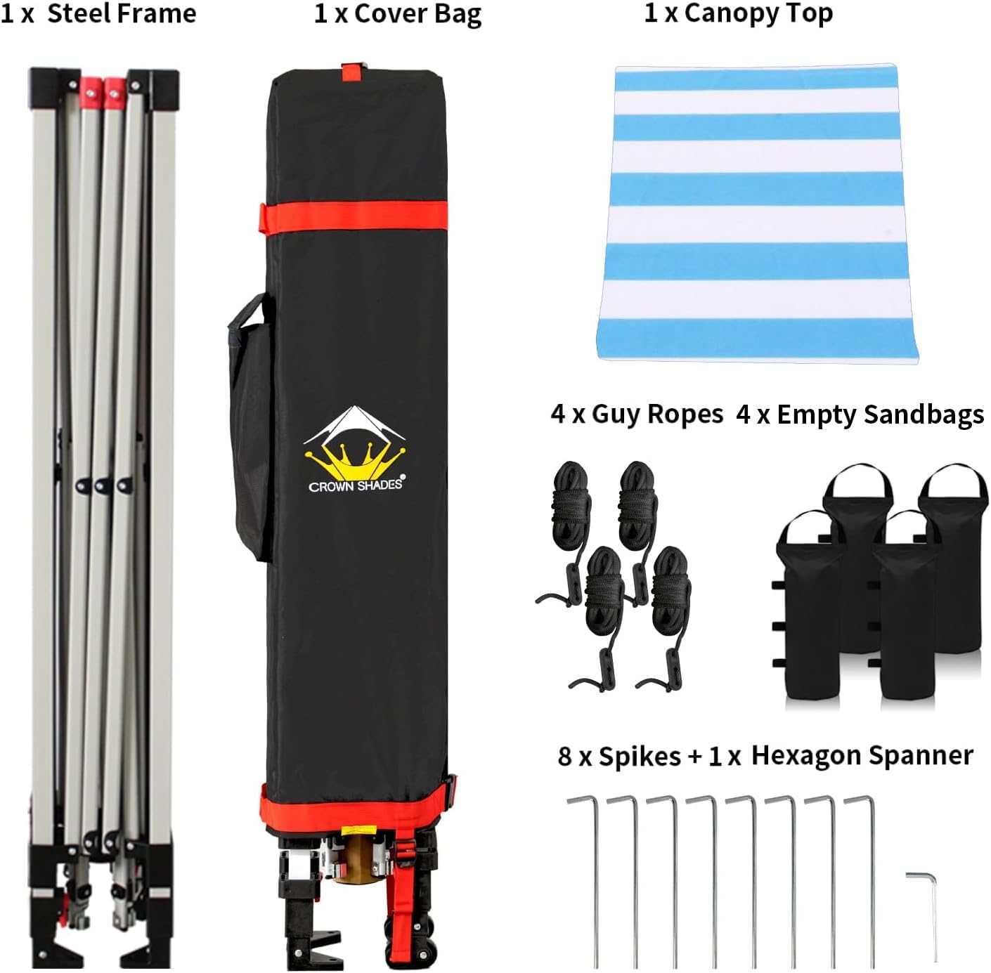 Crown Shades 10x10 Pop Up Canopy - Beach Tent with One Push Setup - Outdoor Sun Shade for Events, Parties, Camping - STO-N-Go Cover Bag, Silver Coated Top, 3 Height& 4 Sand Bags, Sky Blue Stripes