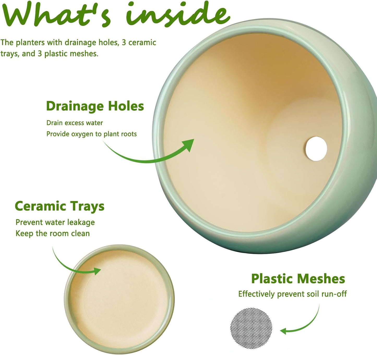 Ceramic Pots for Plants - 10/8/6 Inch Flowers Planters with Drainage Holes and Saucers for Indoor Outdoor, Decorative Modern Home House Office Room Decor, Set of 3, Green