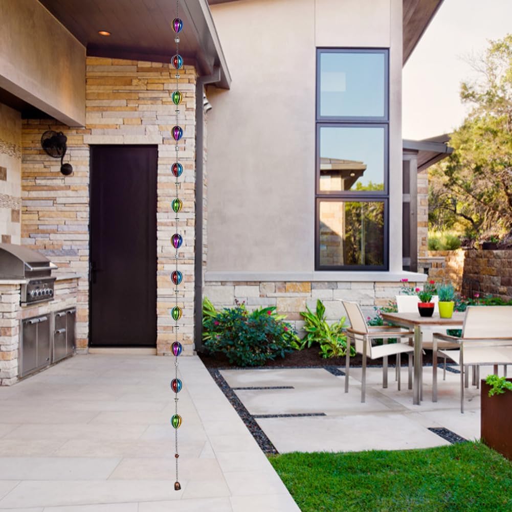 9.7 Ft Rain Chain, Hot Air Balloon Rain Chain for Gutters, 12 Cups Metal Rain Catcher Chain with Bell, Adjustable Length for Eaves Drainage, Replacement for Downspout