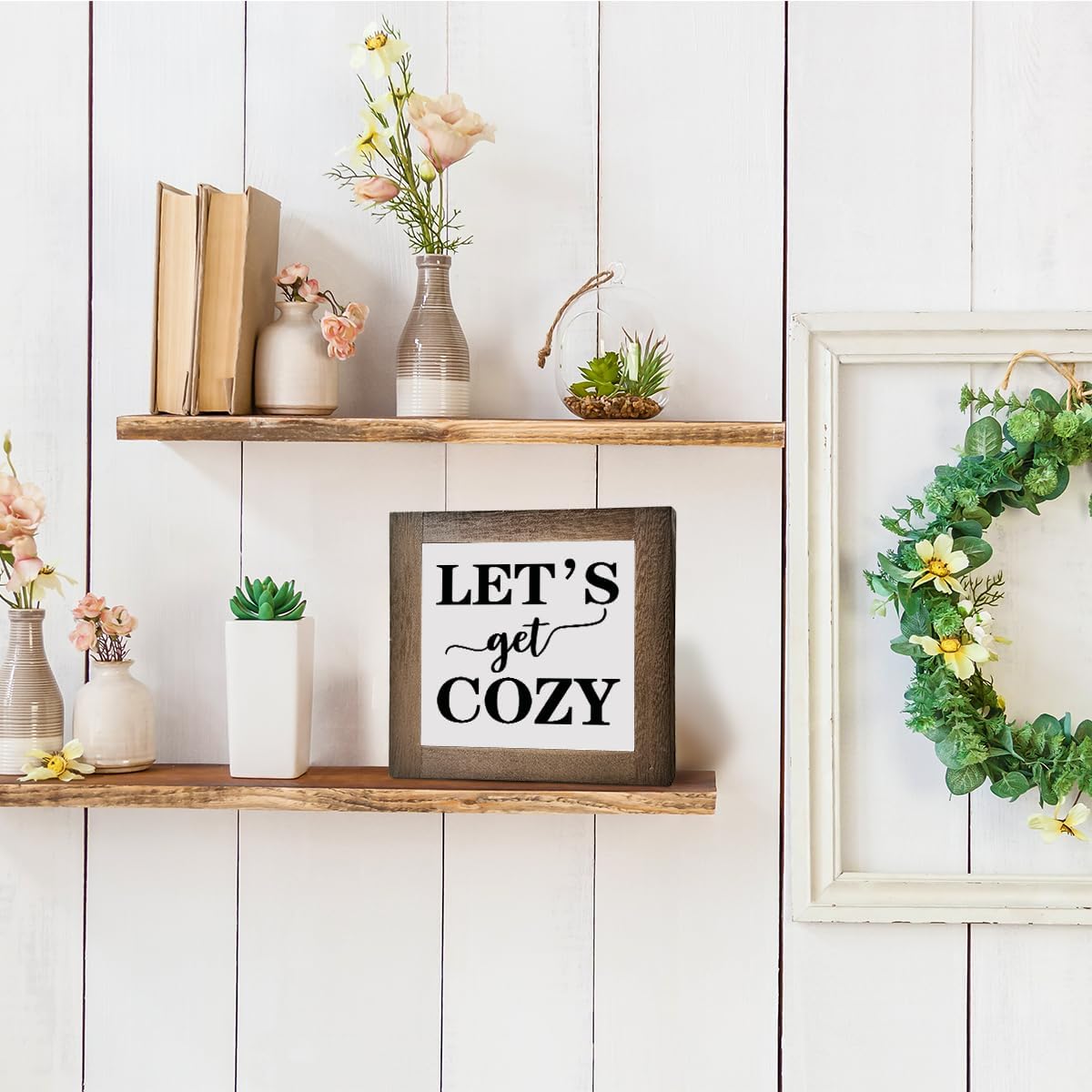 Inspirational Wood Signs, Box Wood Plaques Desk Décor, Farmhouse Home Decor Sign for Shelf, Family Table Decor for Kitchen Bedroom Dining Room, Living Room Decor, Housewarming Gift, Let's Get Cozy E