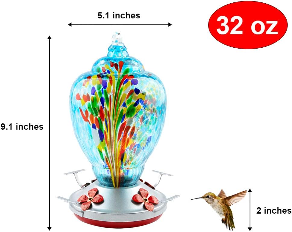 WOSIBO Hummingbird Feeder for Outdoors Patio Large 32 Ounces Colorful Hand Blown Glass Hummingbird Feeder with Ant Moat Hanging Hook, Rope, Brush and Service Card (Blue-Firework)