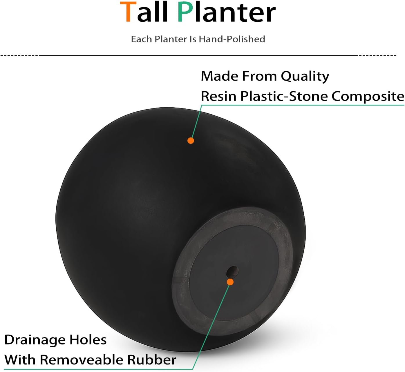 Ball Fiberstone Planter Outdoor Indoor, Large Tall Plant Pots for Front Porch, Patio, Garden (Black, 20 inch)