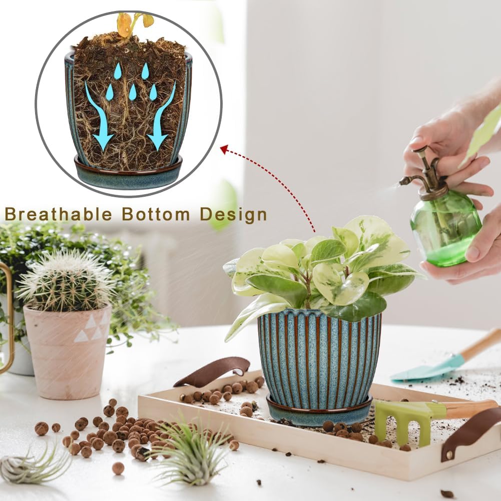 Oairse Ceramic Pots for Indoor Plants, 4.9 +5.7 inch Pots for Plants Set of 2 Marble Blue Plant Pots with Drainage Holes and Saucers Texture Ceramic Planters Indoor Outdoor Flower Pots for Succulent