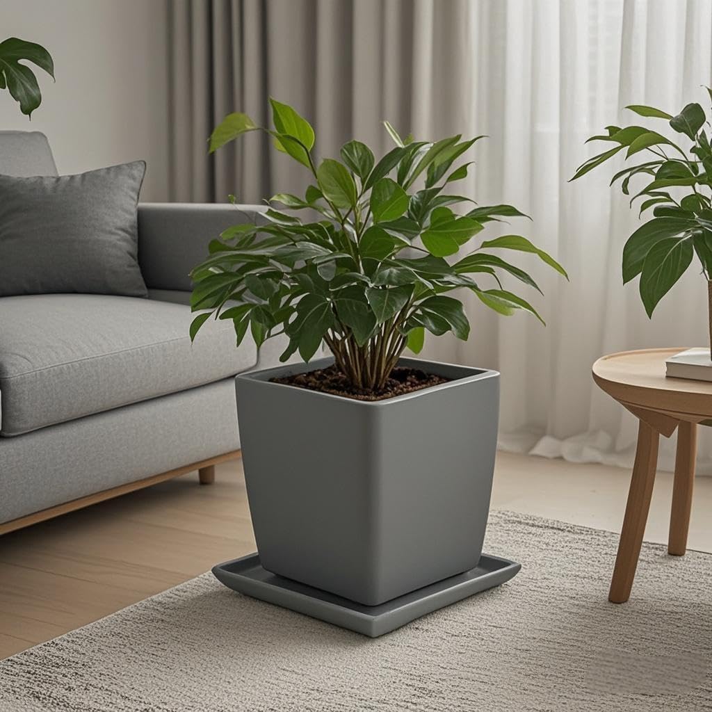 Square Plant Saucer 14 Inch 1 Pack,Plant Trays for Pots, Gray Ceramic Plant Saucers for Indoors Outdoors, Plant Drip Tray 4 6 8 10 12 14 Inch