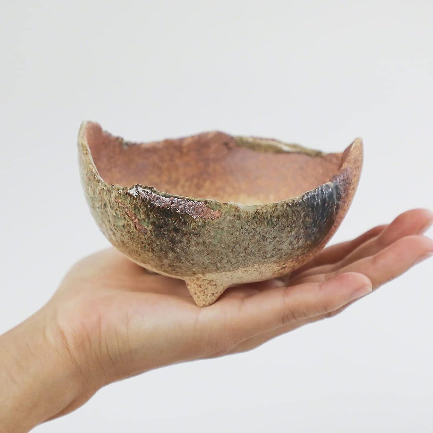 Wazakura Banko Series Japanese Handmade Rustic Crescent Shape Bonsai Pot 4.72 in (120 mm), Made in Japan Ceramic Garden Planter, Decorative Flower Vase, Unglazed Houseplant Bowl - Sand Green