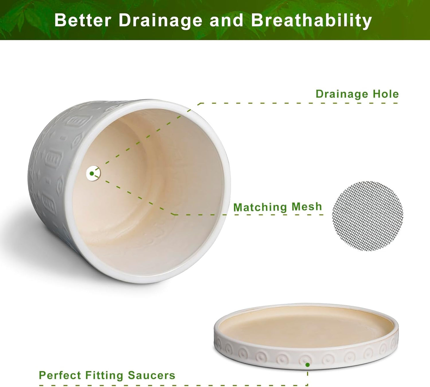 Ceramic Planter for Indoor Plants - 8 Inch Plant Pot Outdoor Flower Pot with Drainage Holes and Saucer Modern Round Planter Succulent Pot for Home Garden Decor White