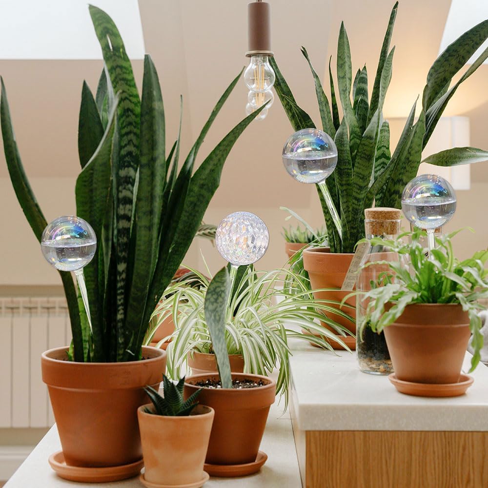 17 Oz 2 Weeks Glass Plant Watering Globes Large Vacation Water While Away Indoor Outdoor Potted Plant Slow Release Self Watering Bulbs Devices Planter Insert (Iridescent Large 3-Pack)