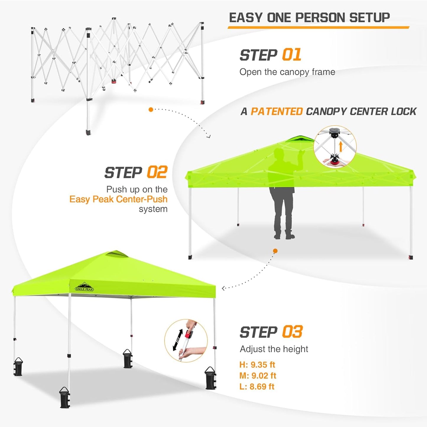 EAGLE PEAK Pop Up Canopy Tent with Wheeled Carry Bag, 8 Stakes, 4 Ropes, 4 Weight Bags, Easy Set Up Tent Canopy, 10x10 ft, 100sqft of Shade, Neon Green