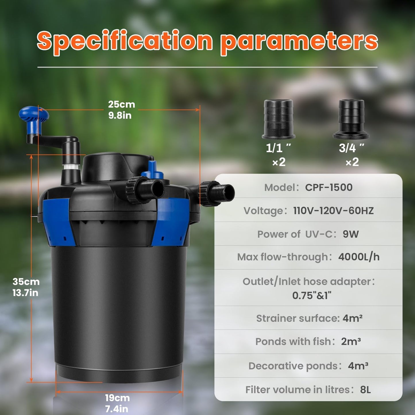 Anbull Bio Pressure Pond Filter, 1060GPH Pressurized Biological Pond Filter with 9watt Light, Pond Filter System with Convenient Cleaning Crank Handle for Fountain Pool, Koi Fish Aquarium Tank