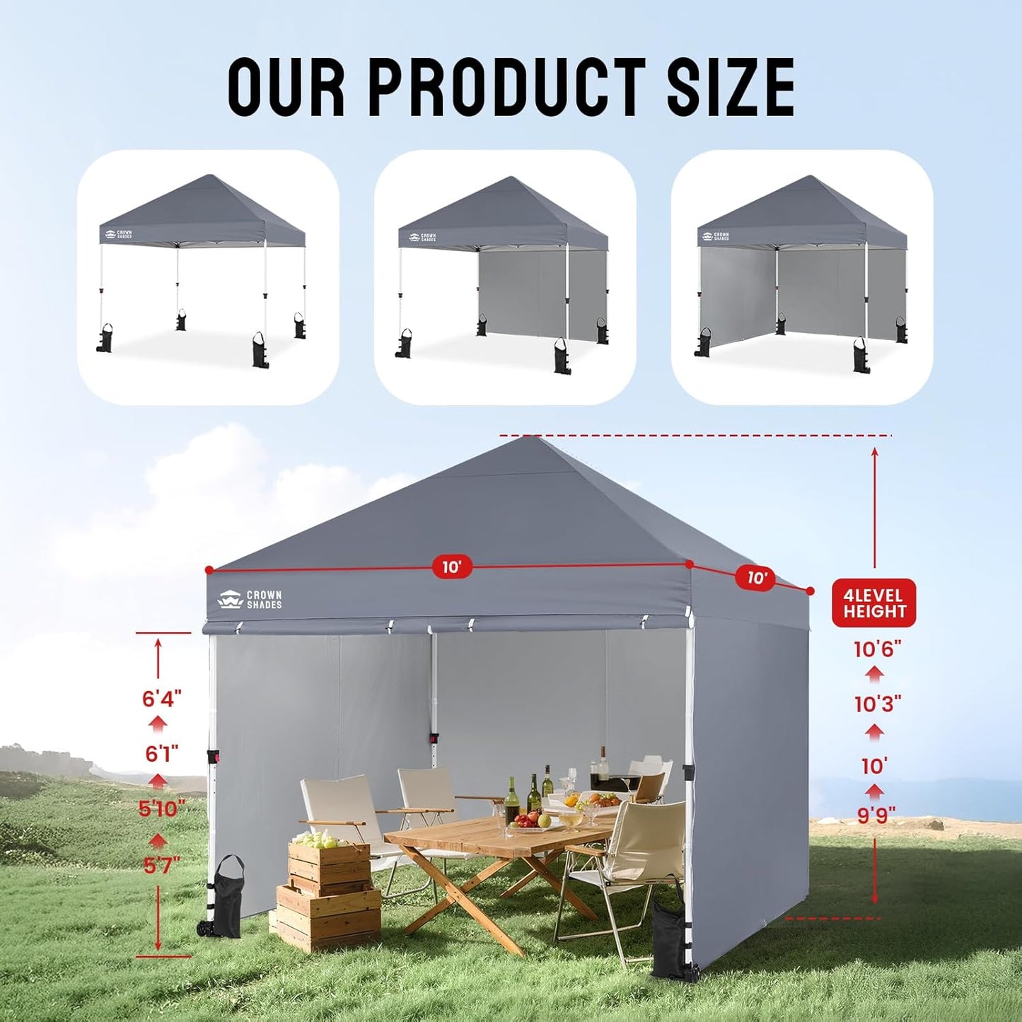 CROWN SHADES 10x10 Pop Up Canopy Tent Instant Commercial 1-Person Setup Patended Centerlock with 400D Fabric, 4 Sidewalls, 4" Wheels, 4 Upgraded Weights, Sto'N Go Bag, Gray