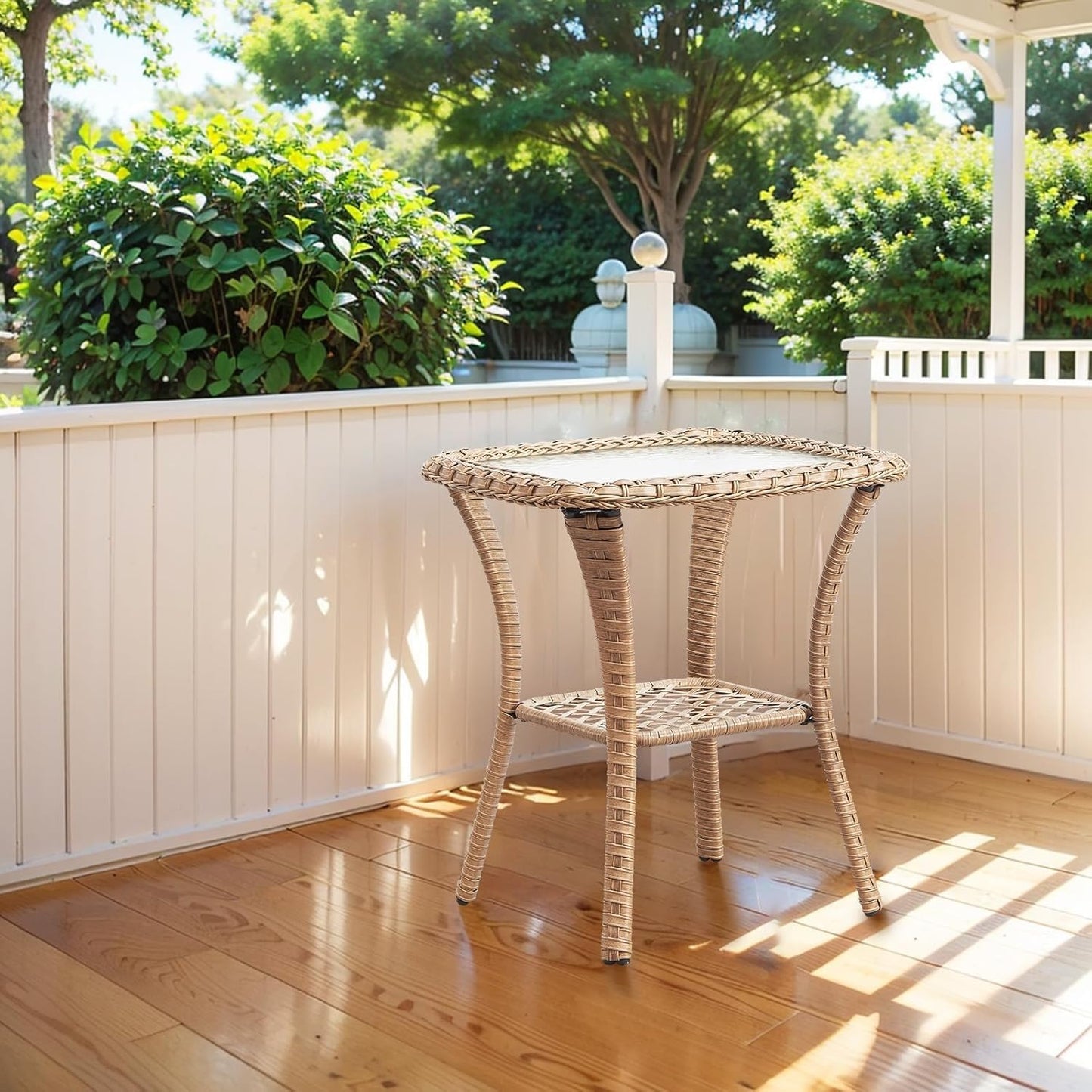 Outdoor Side Tables for Patio, Wicker/Rattan End Tables, Outdoor Wicker Side Table, Yellow Rattan Glass Top Patio Side Table