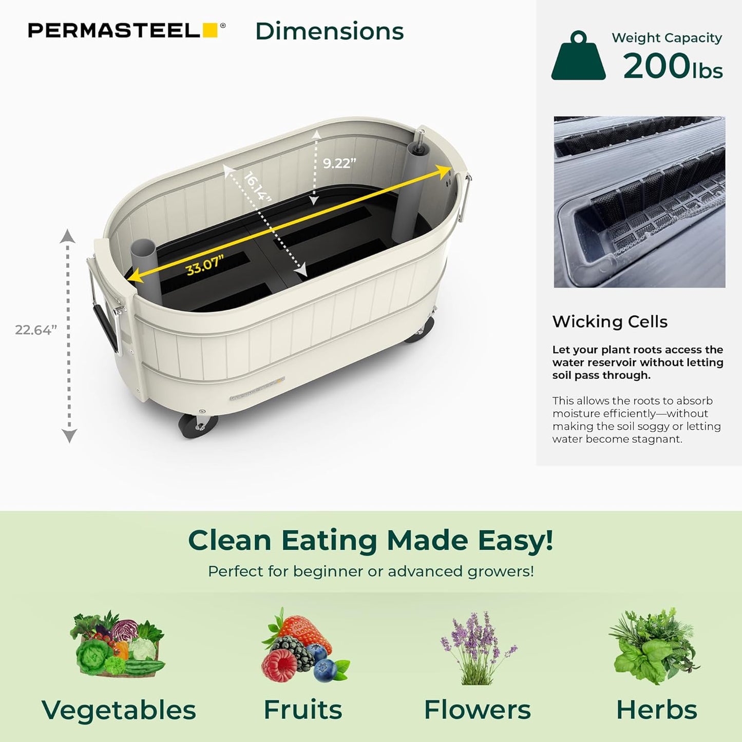 Permasteel Self-Watering Garden Bed, Rolling Planter for Vegetables, Flowers, Herbs, and Fruit, Outdoor Indoor, Caster Wheels, Ivory