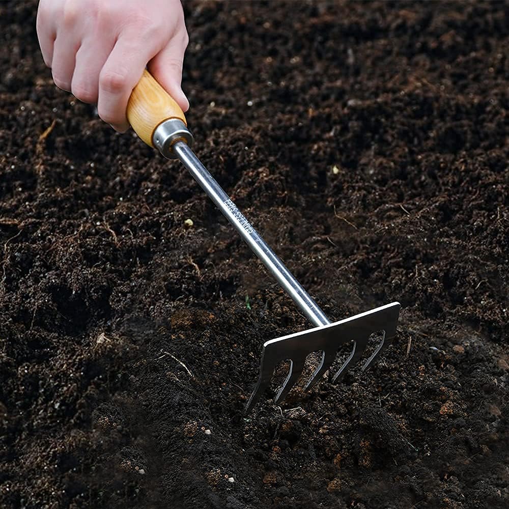 Gardtech Garden Tool Set, 5 Pcs Gardening Tool Set with Weeder Puller, Dibber, Transplanter, Big Trowel, 5-Claw Cultivator - Wooden Handle Heavy Duty Stainless Steel Gardening Hand Tools