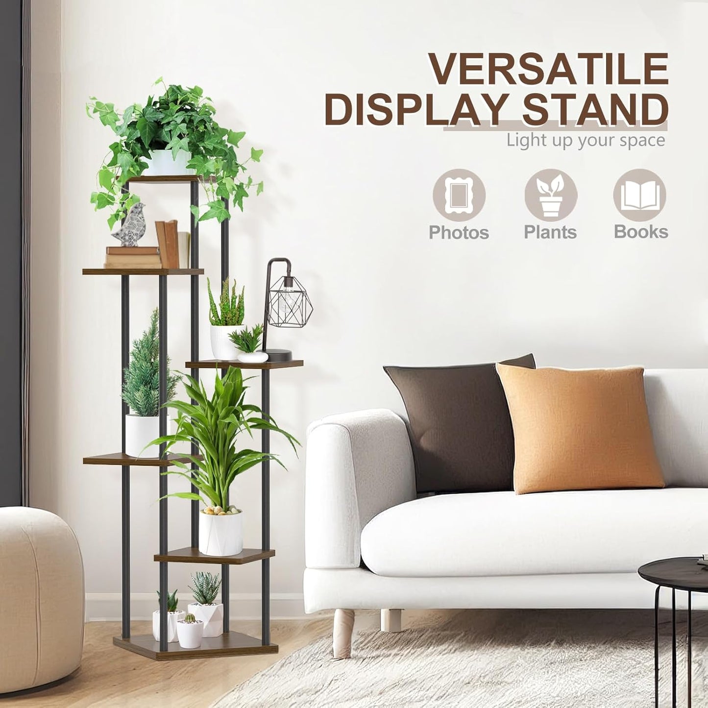 6 Tier Plant Stand Indoor, Tall Metal Wood Muti-Level Planter Shelf Holder, Sturdy Large Vertical Corner Orchid Flower Pot Display Rack for Narrow House Decor Office Living Room Bedroom, Oak