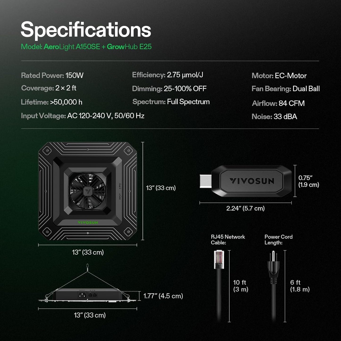 VIVOSUN AeroLight A150SE, LED Grow Light 150W with Integrated Circulation Fan & GrowHub Controller E25, Compatible with App and E42A, 2x4/3x3 Coverage, Establish an Intelligent Grow Environment