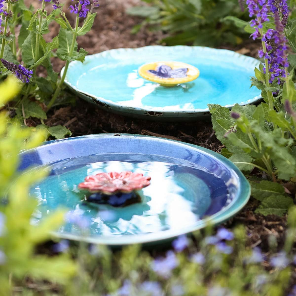 Topadorn Birdbath Ceramic Bowl Decor for Bee Bird Bath Outdoor Garden Vintage Yard,Blue with Yellow Flower
