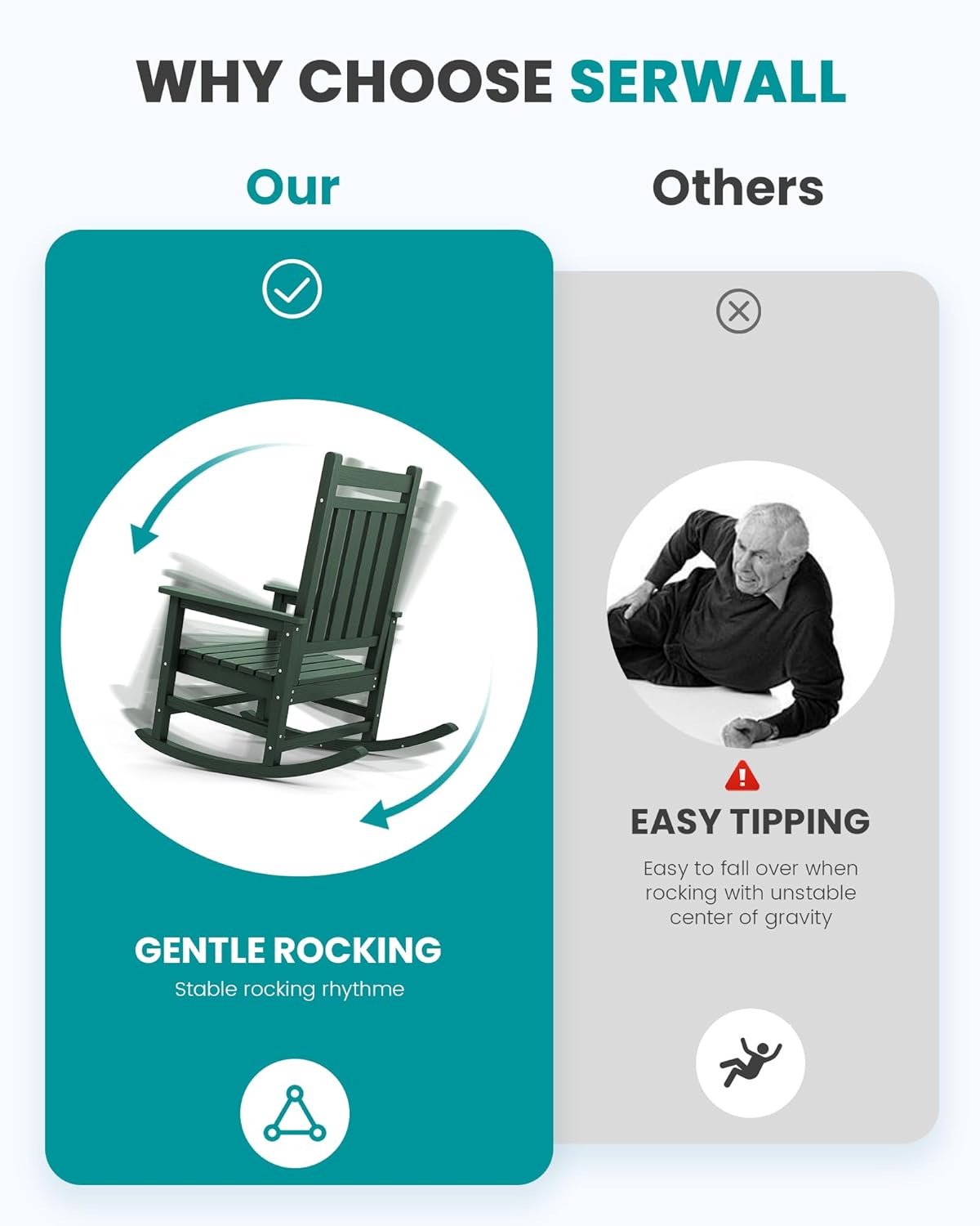 SERWALL Oversized Outdoor Rocking Chair Set of 2, HDPE Rocker for Adults, Patio Rocking Chairs for Porch, Green