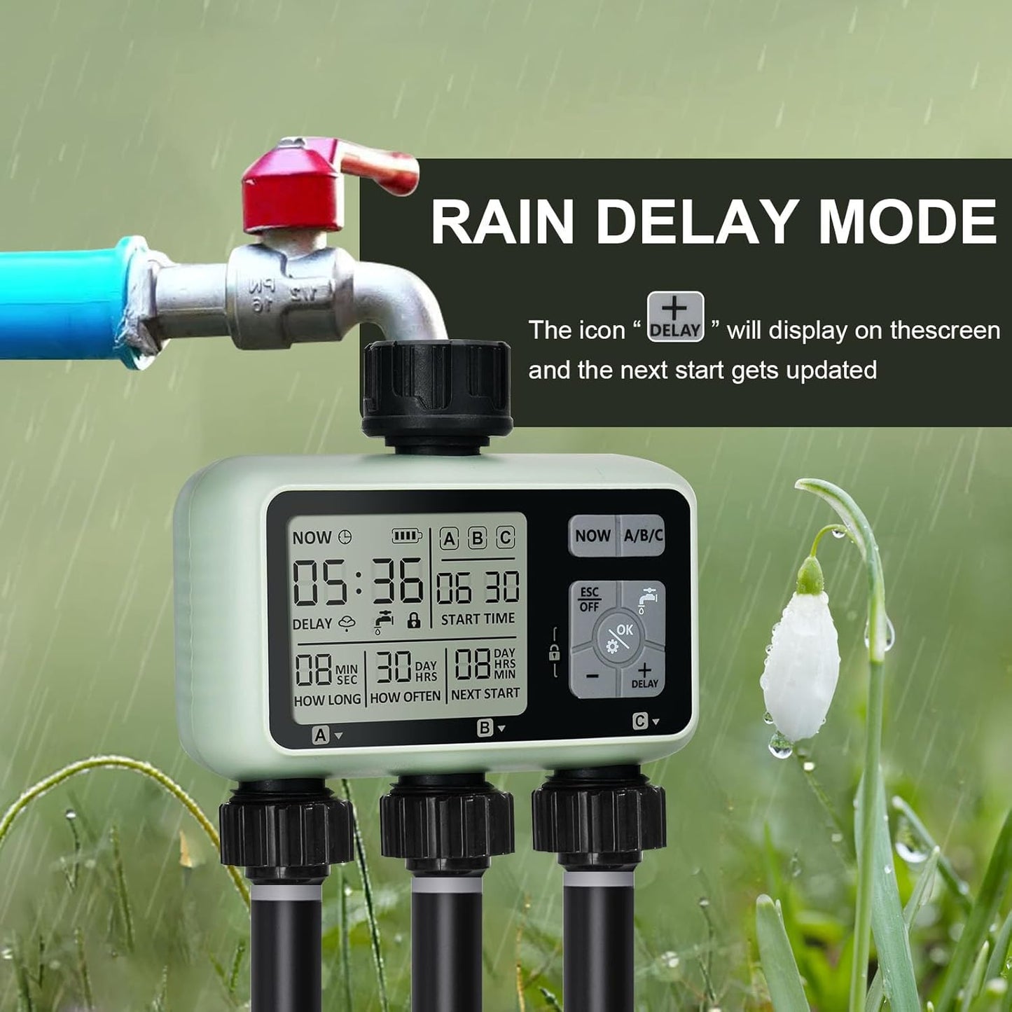 Watering Timer 3 Zone, Sprinkler Timer, Programmable Garden Outdoor Hose Faucet Timer with Rain Delay, Auto & Manual Watering System,Water Hose Irrigation Timers 3 Outlet for Garden